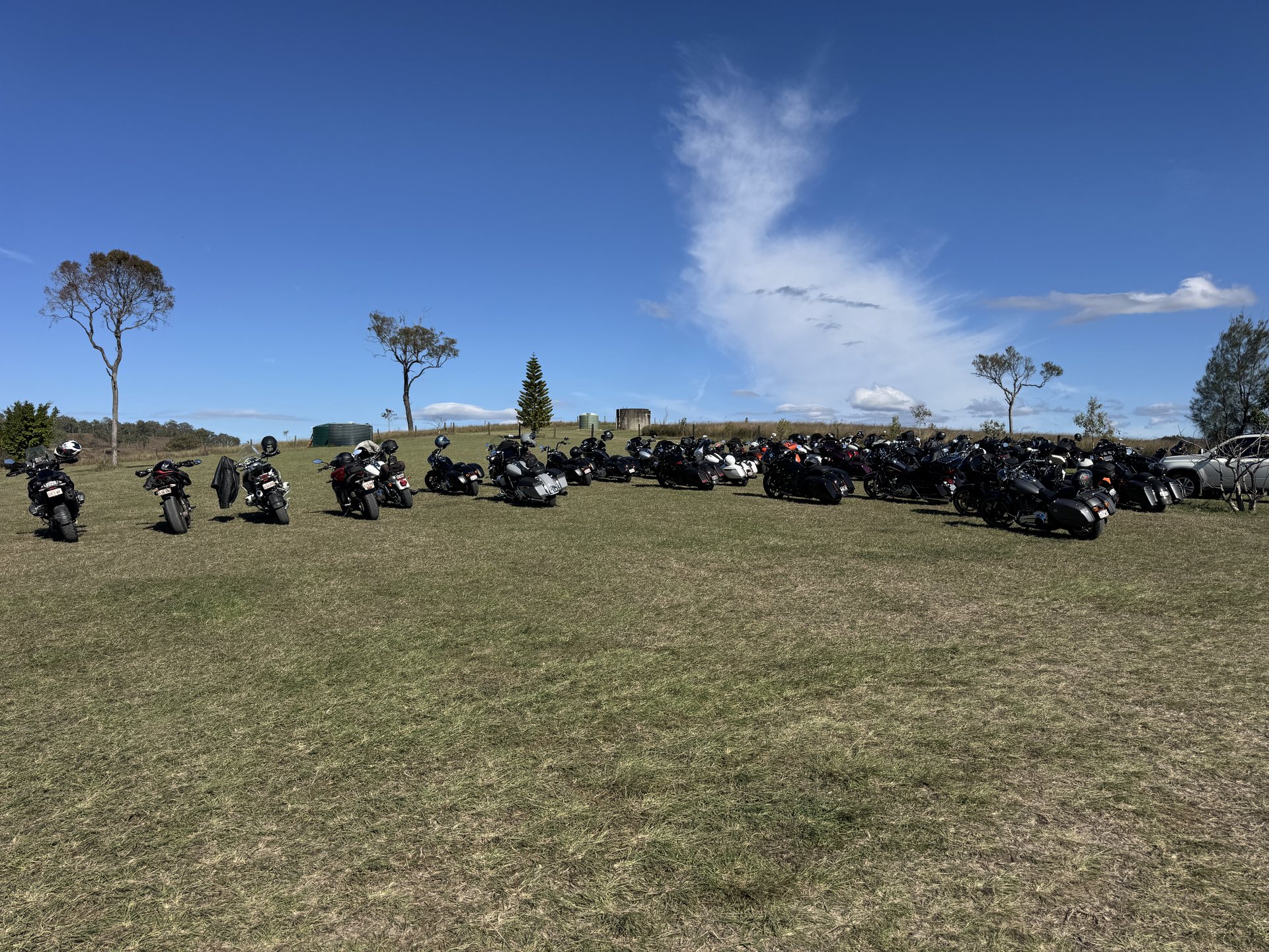Harley-Davidson motorcycles lined up on the grass at Oaky Creek Farm