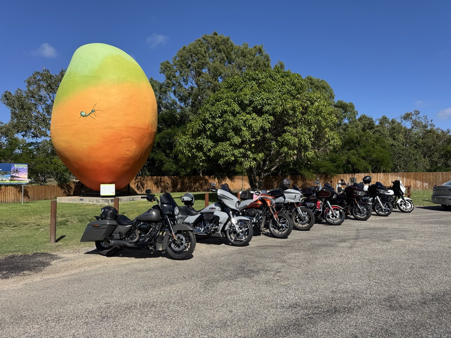 Harley-Davidson motorcycles parked beside the Big Mango at Bowen.