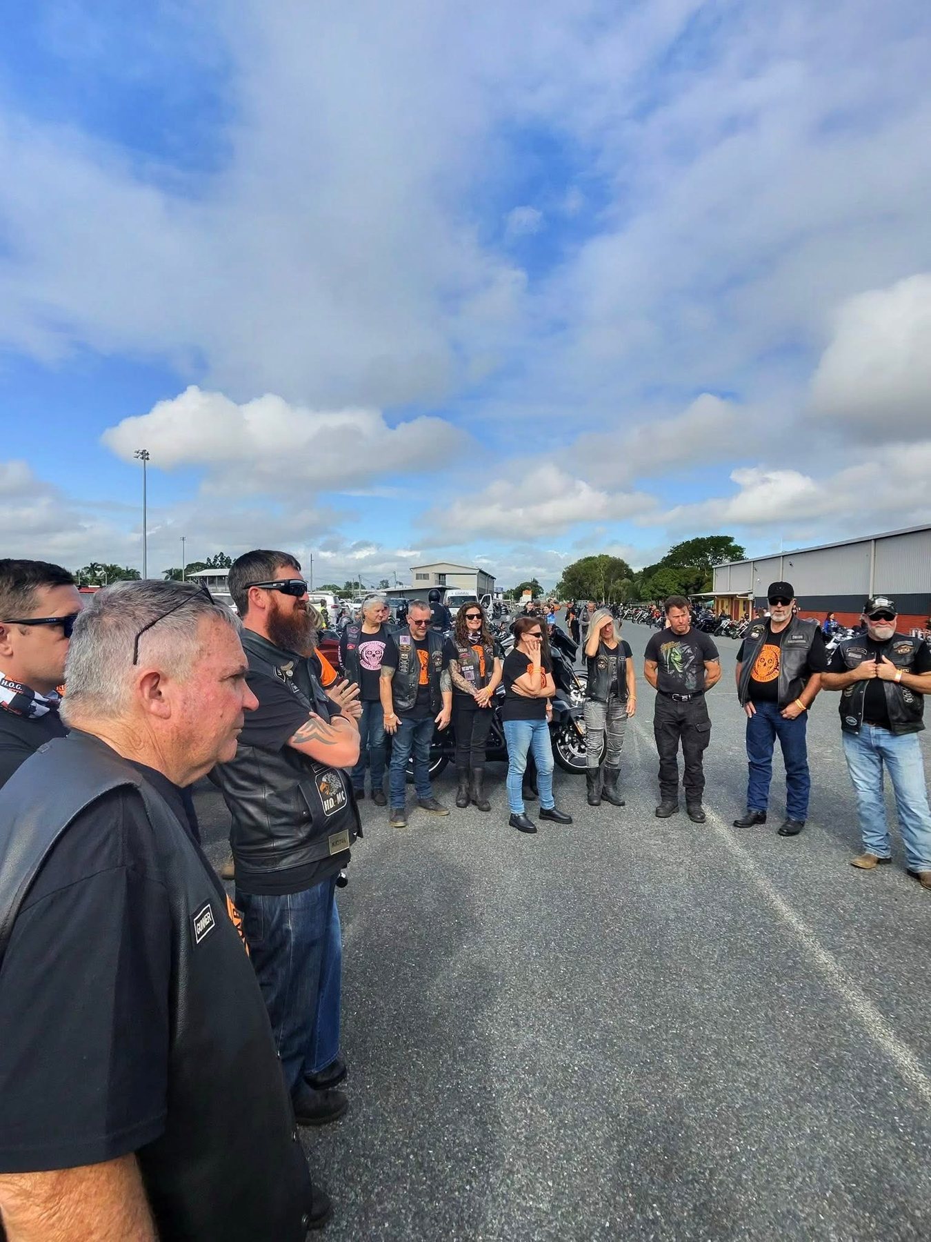 Rally riders gathered in a briefing circle at Mackay Showgrounds before the Thunder Run.