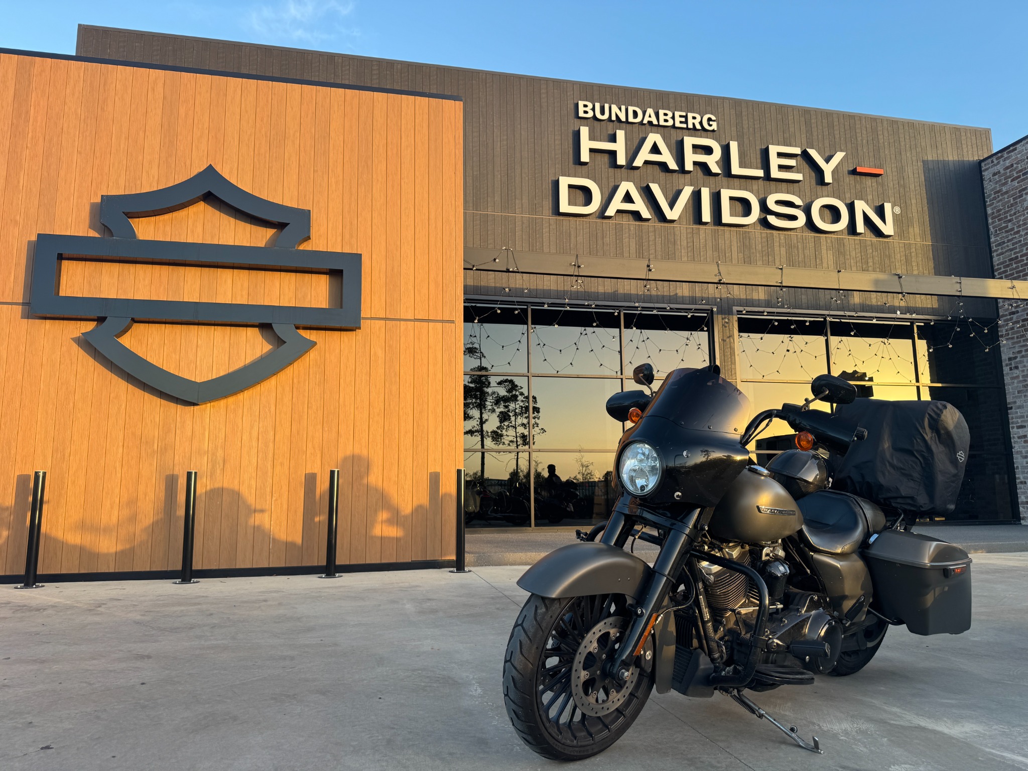 A Harley-Davidson Road King parked outside Bundaberg Harley-Davidson.