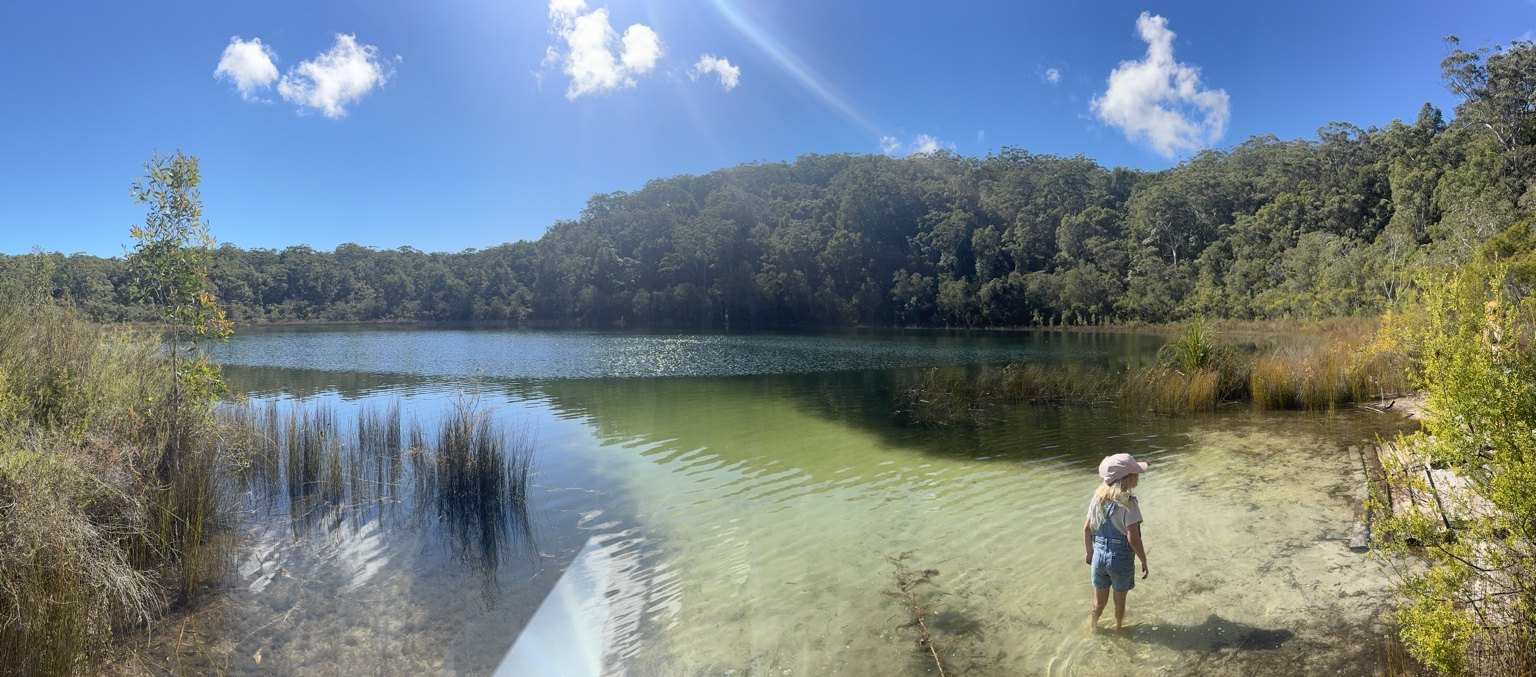 Panoramic view across Basin Lake on K'gari.