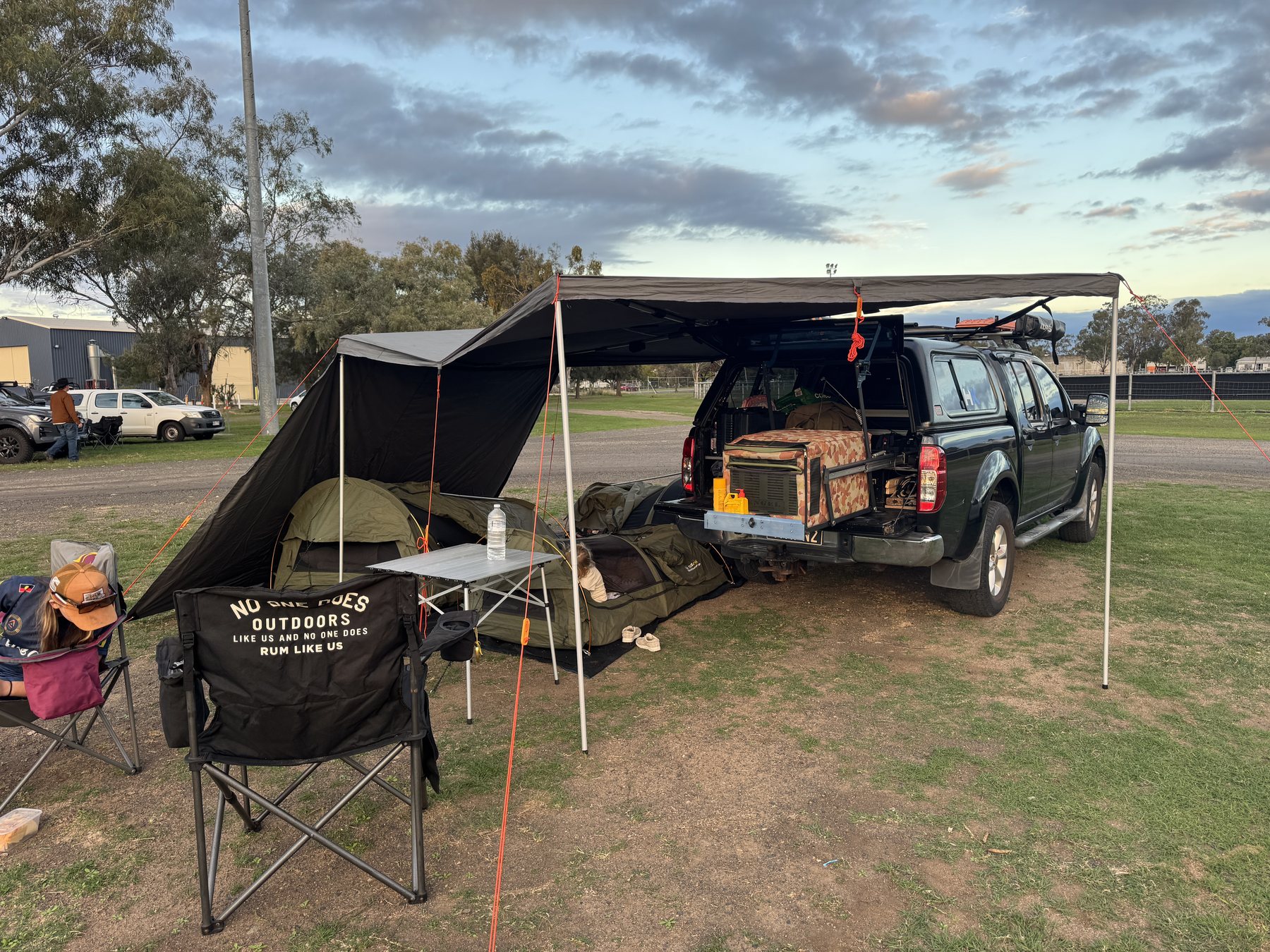 Navara and swags set up at Dalby Showgrounds.
