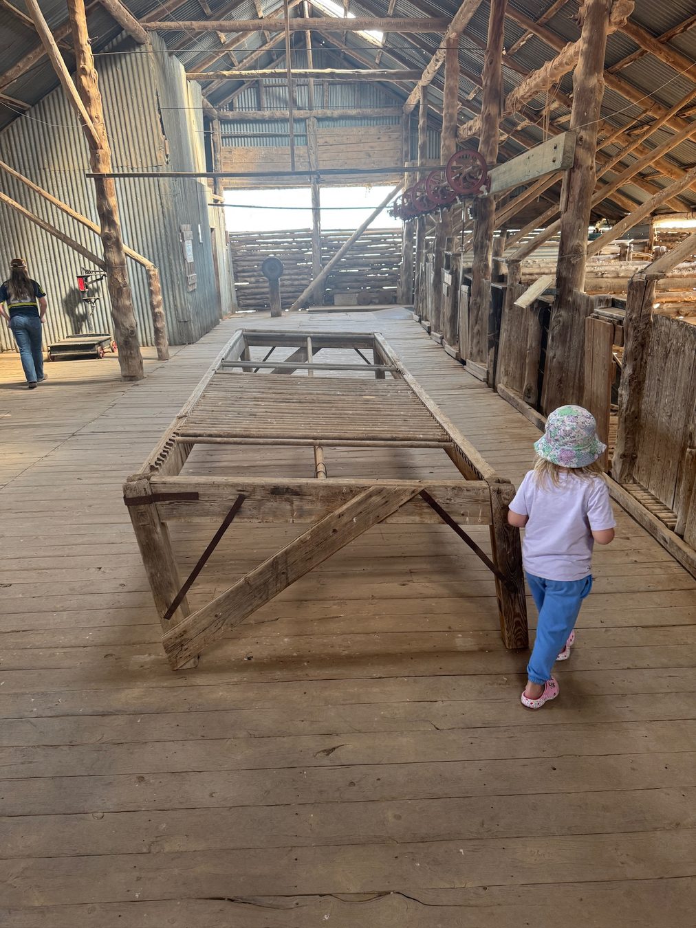 A child walking beside an old shearing table.