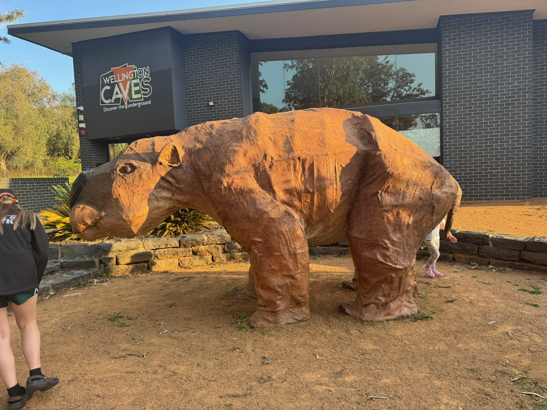 A large prehistoric-animal sculpture outside the Wellington Caves centre.